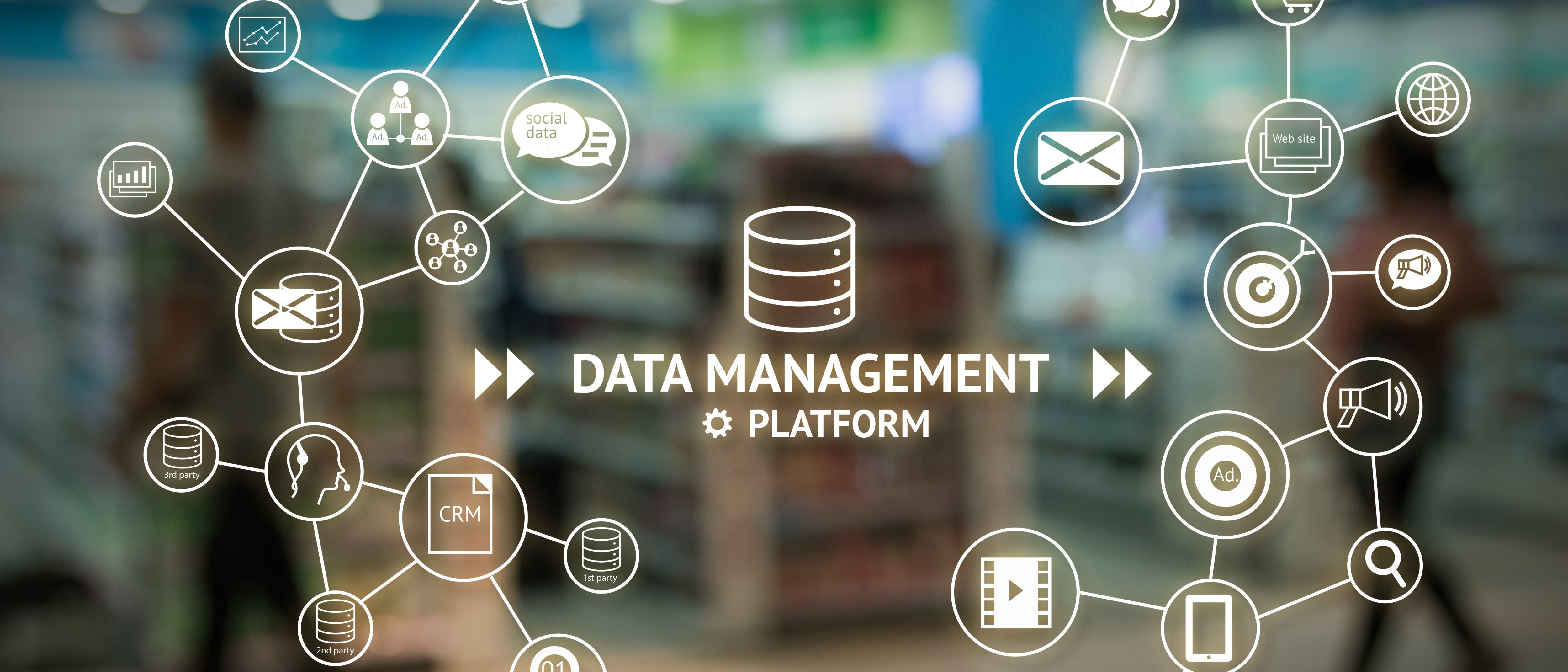 Conceptual image of "Data Management Platform" with icons representing data, email, analysis, and CRM connected by lines